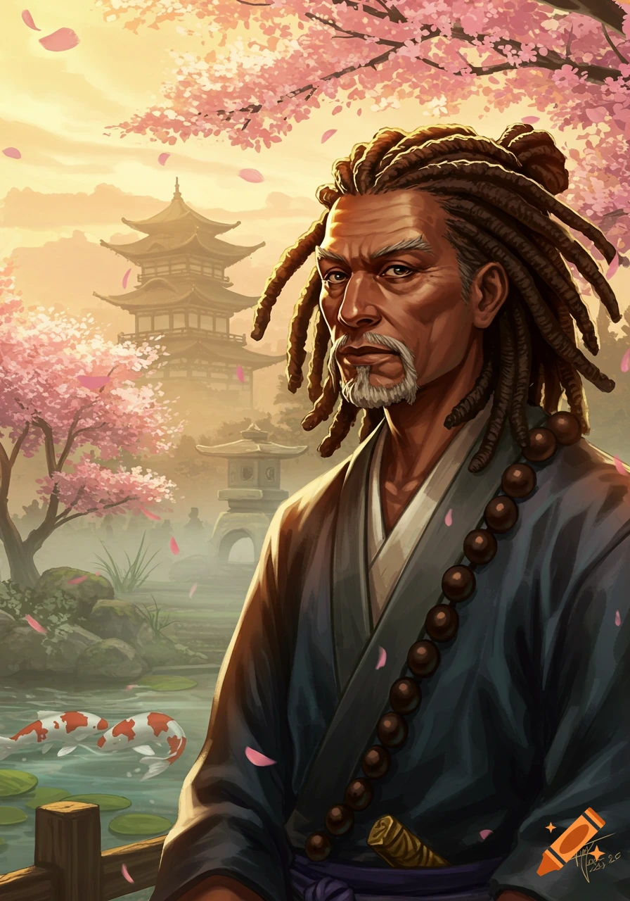 A dignified man with dreadlocks and a white beard wears a dark robe, standing in a Japanese garden with cherry blossoms, a pagoda, and koi fish.