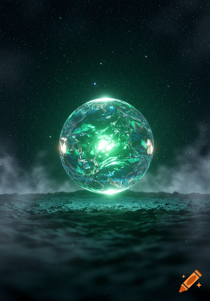 A glowing, faceted green-blue orb floats above a dark, textured alien landscape under a starry night sky with mist.