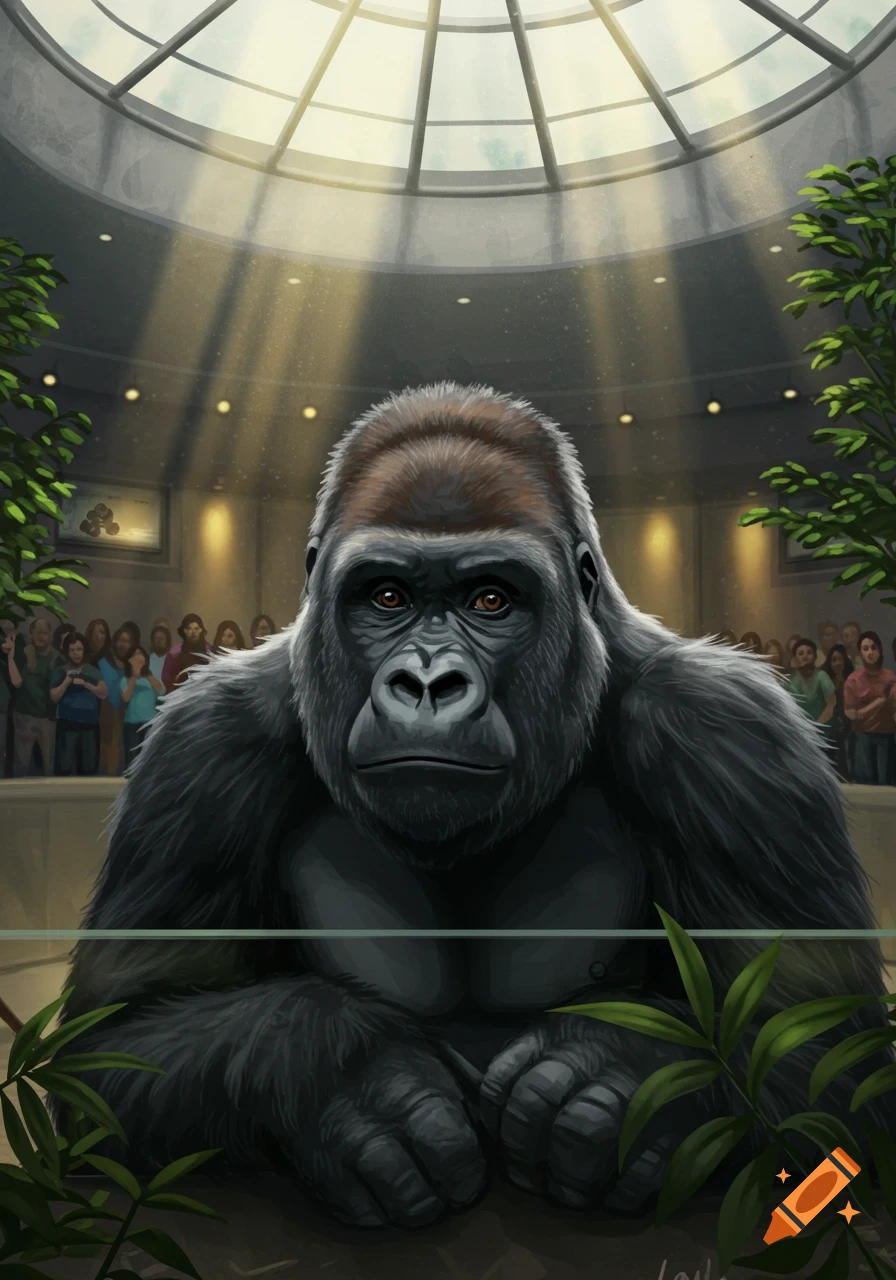A large, realistic gorilla sits in a zoo enclosure, looking at the viewer. Spectators are visible in the background under a domed skylight.