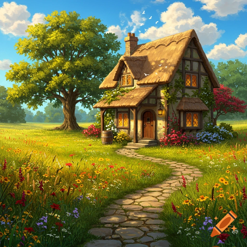 A vibrant illustration of a rustic thatched-roof cottage in a sunny, wildflower-filled meadow, with a stone path leading to its door and a large oak tree nearby.