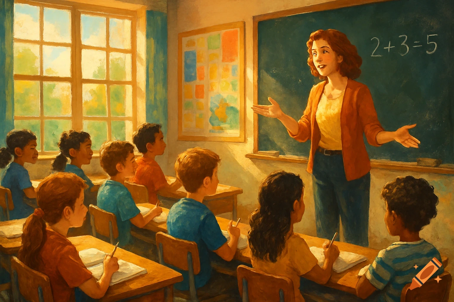 A painting of a teacher instructing students in a sunlit classroom, with students seated at desks, some taking notes.