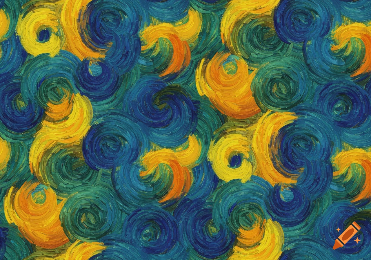 Abstract pattern of swirling blue, green, and yellow brushstrokes in a Van Gogh style.