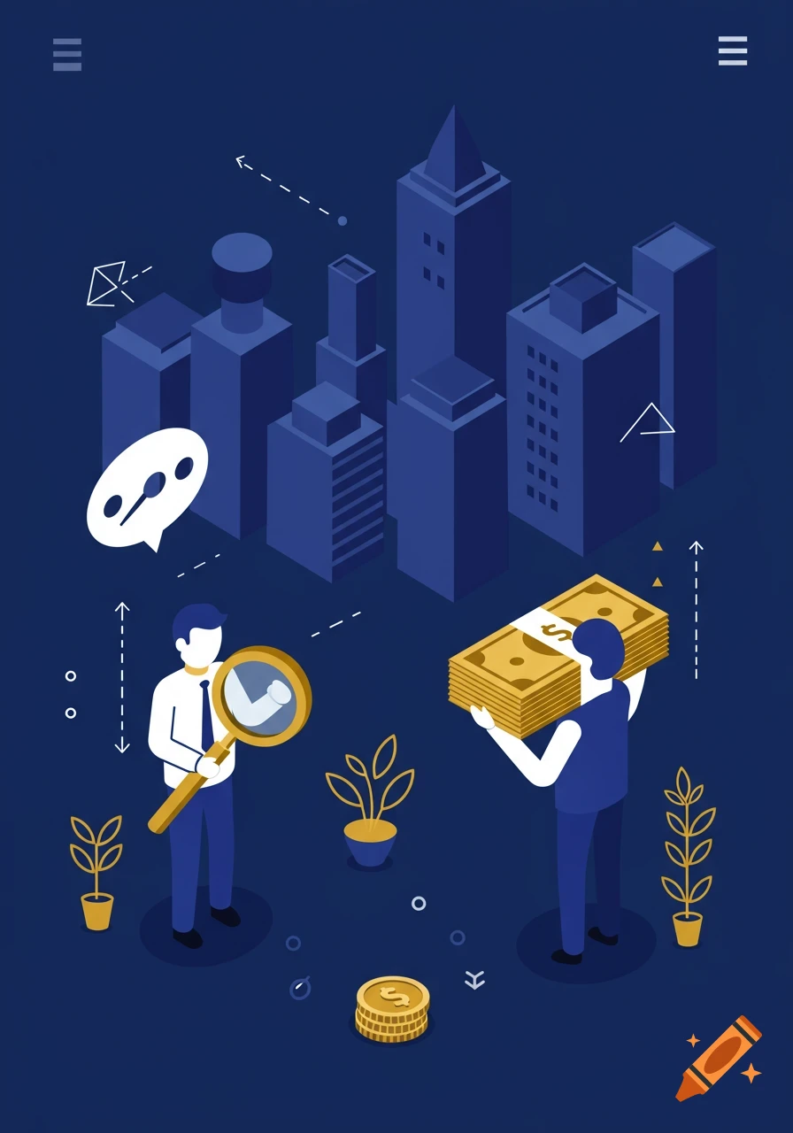 An isometric illustration depicts two men, one with a magnifying glass and a thought bubble, the other holding cash, against a blue city backdrop with coins and plants.