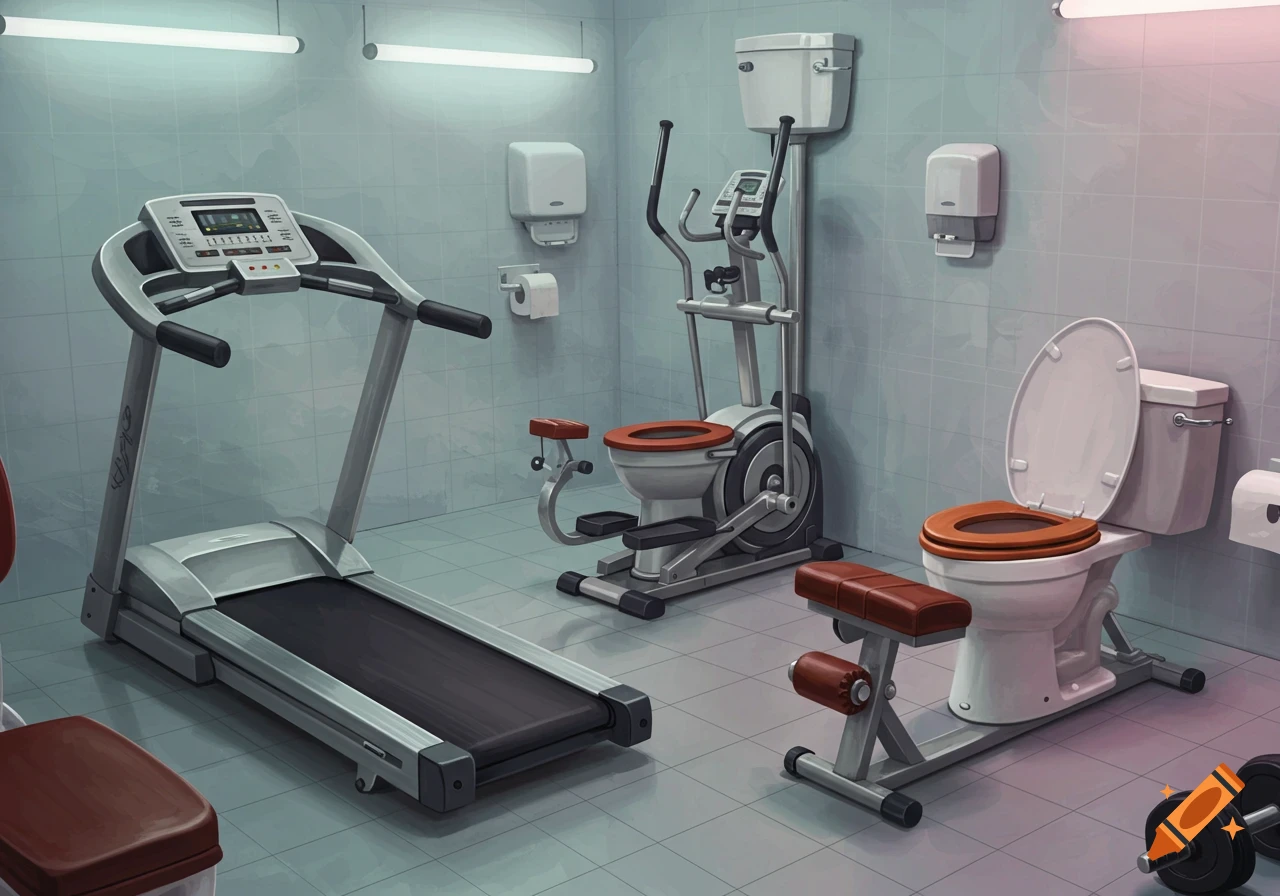 Toilets are integrated into gym equipment including a treadmill, elliptical, and weight bench, in a tiled room.