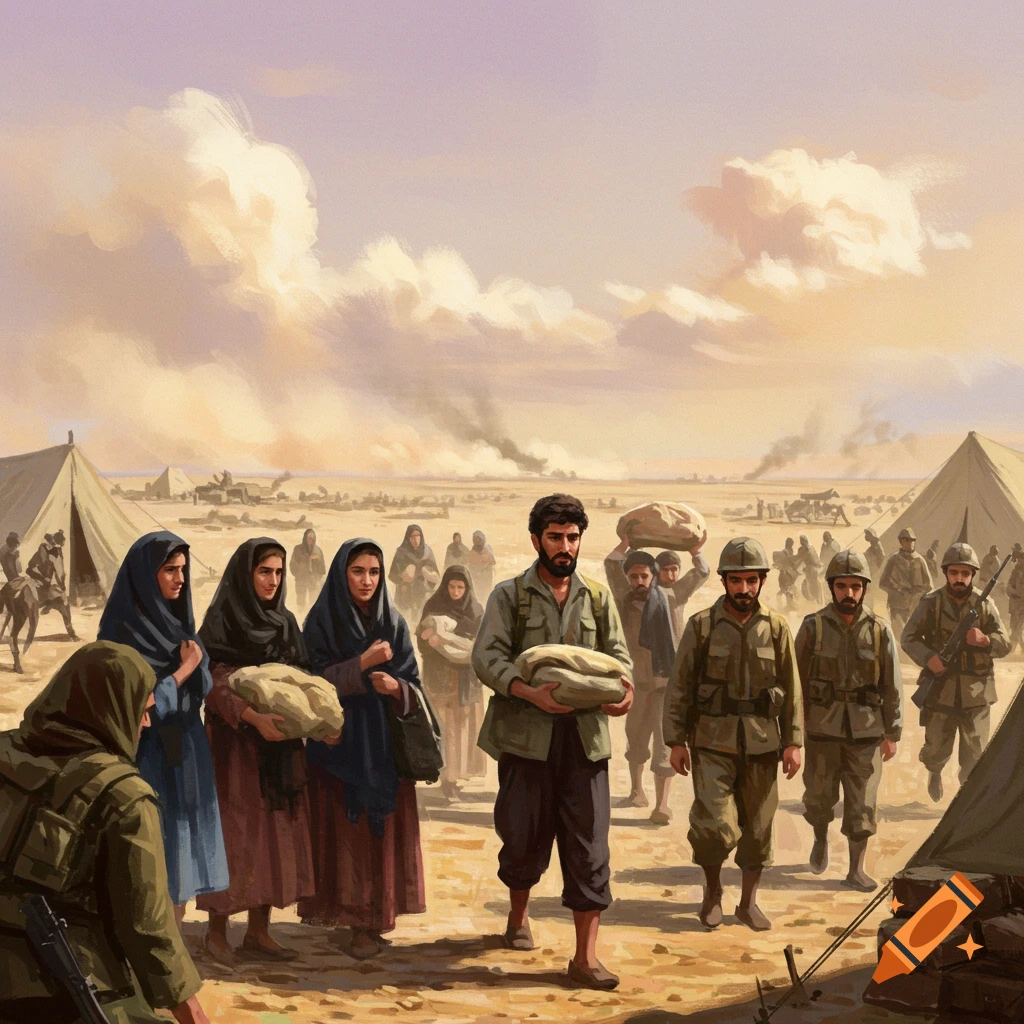 Stylized painting of civilians and soldiers carrying supplies in a desert camp with tents and smoke in the background.