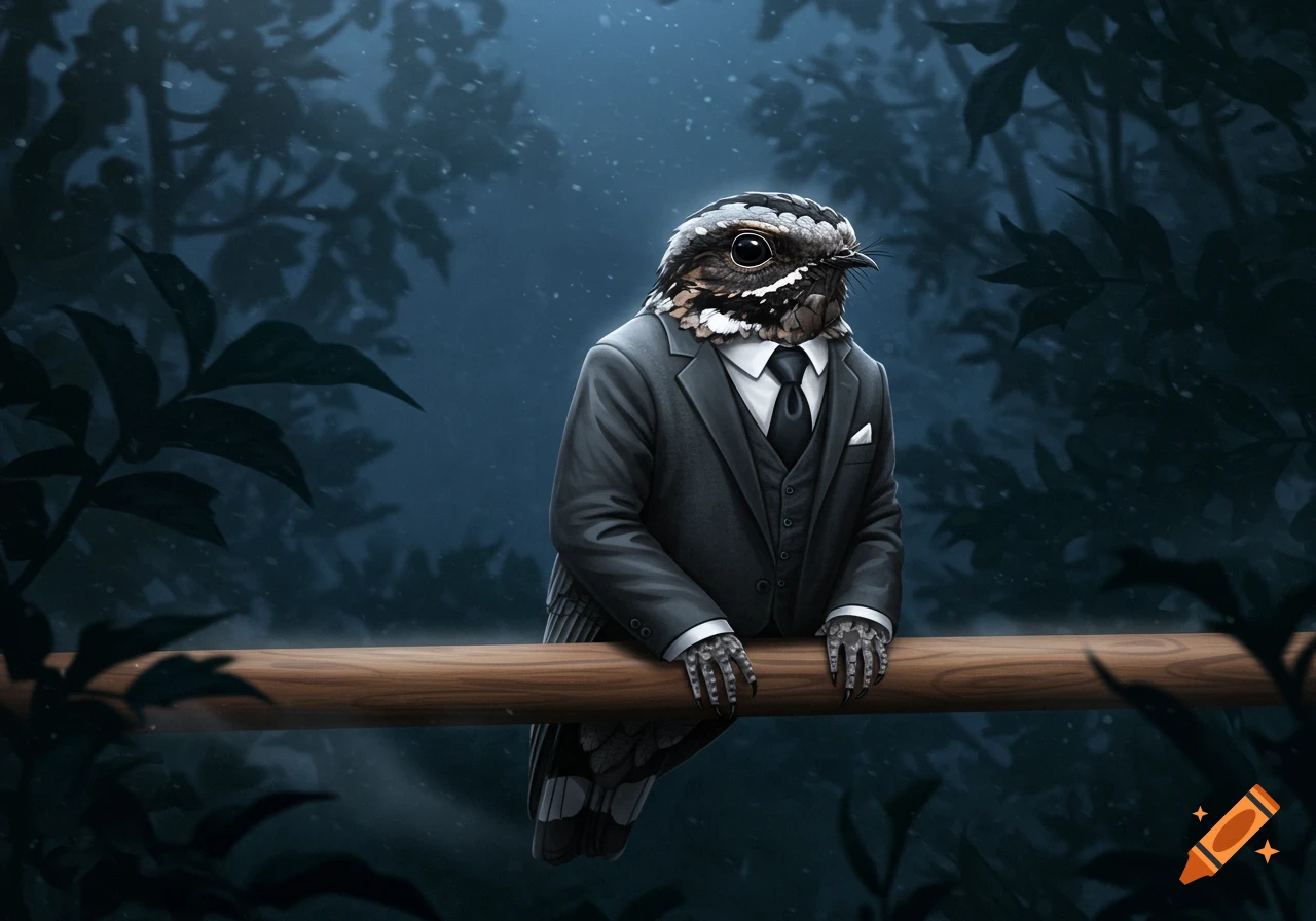 A nightjar wearing a dark suit with a tie and vest sits on a branch in a dark, snowy forest.