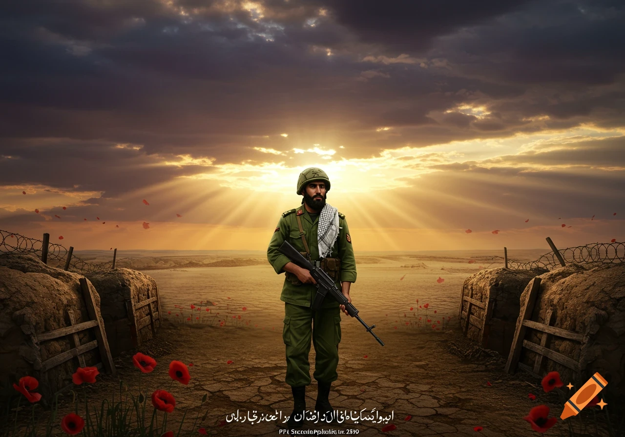 A soldier in green uniform with a rifle stands in a battlefield with trenches, barbed wire, and red poppies at sunset.