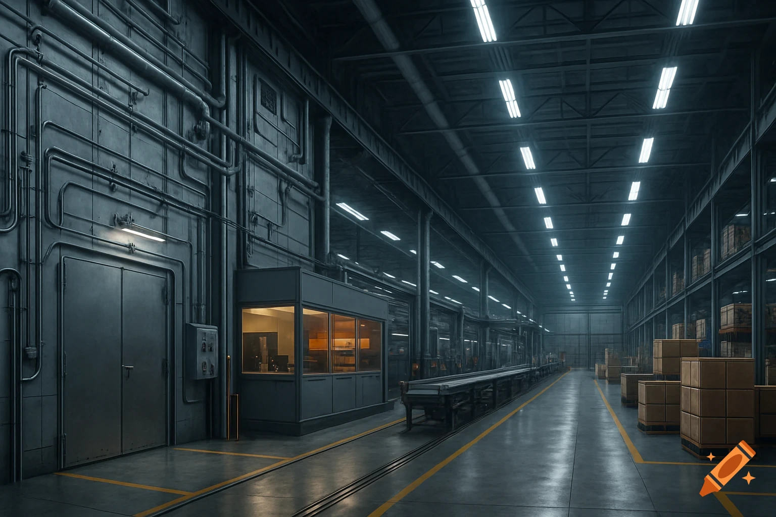 Long, dimly lit factory interior with an illuminated control room, conveyor system, stacks of boxes, and pipes running along dark gray walls, photorealistic.