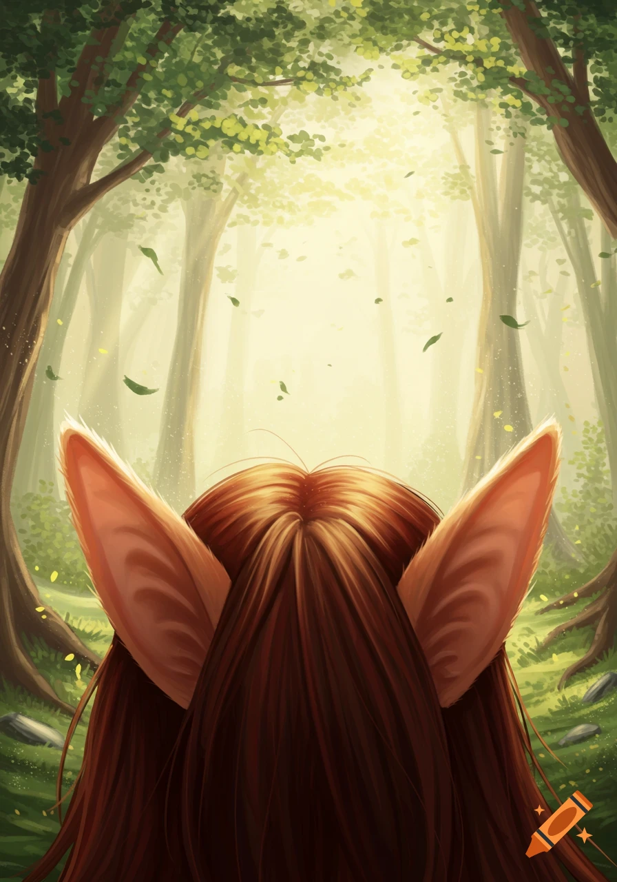 A person with long brown hair and furry pointed ears, seen from behind, looks into a bright, sun-dappled forest with falling leaves.