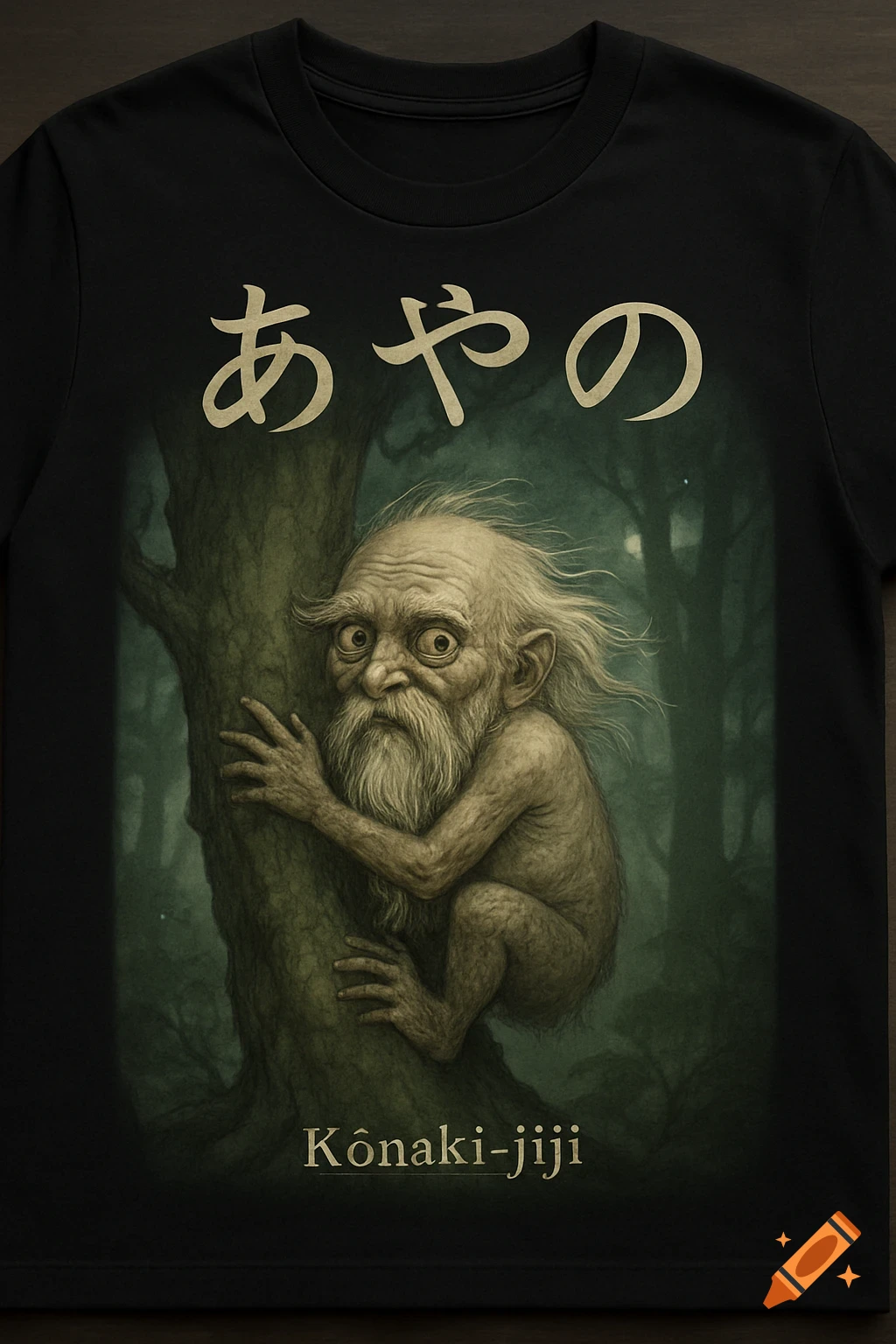 A black T-shirt featuring a pale, old, hairy Konaki-jiji yokai clinging to a tree, with Japanese text 'Ayano' and 'Kônaki-jiji' printed.