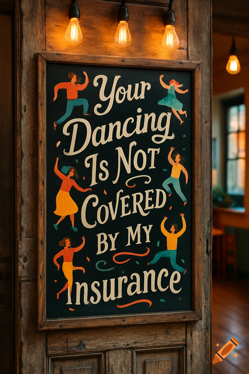 A chalkboard sign on a wooden wall with warm lights reads: 'Your Dancing Is Not Covered By My Insurance', surrounded by dancing cartoon figures.