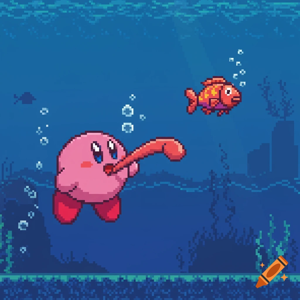 Retro pixel art of Gooey from Kirby's Dream Land 3 underwater, extending his tongue towards a fish.