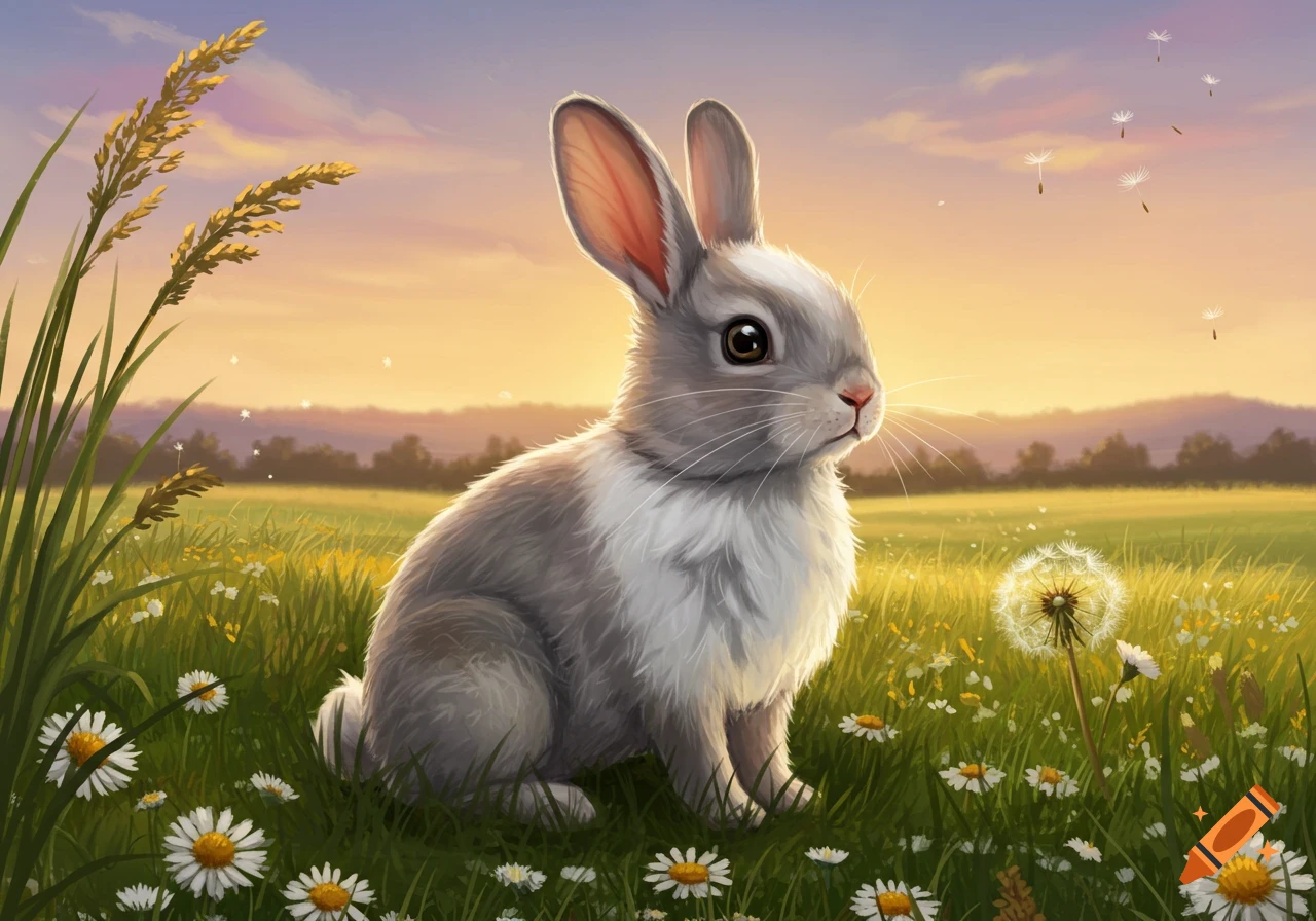 A cute gray and white rabbit sits in a sunny meadow with daisies and dandelions, against a golden sunset sky.
