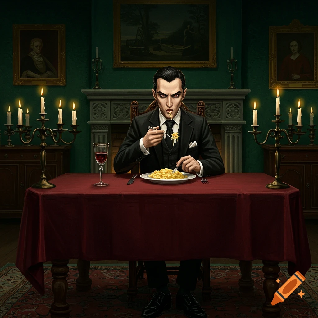 A gothic painting of a pale, sharp-featured man in a suit eating mac and cheese at a candlelit table in a dark room.