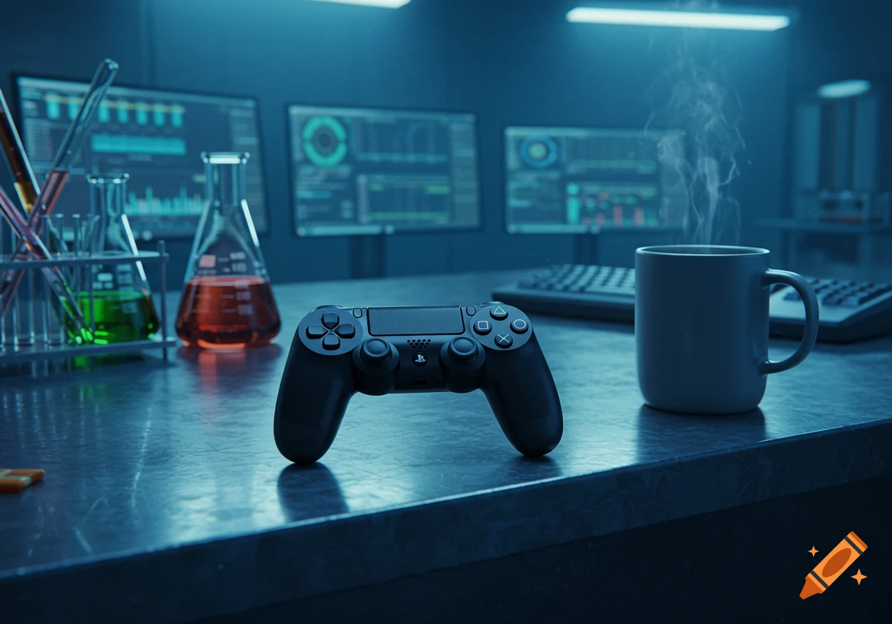 A black PS4 controller sits on a lab bench with colorful beakers, monitors displaying data, and a steaming coffee mug in a blue-lit, photorealistic setting.