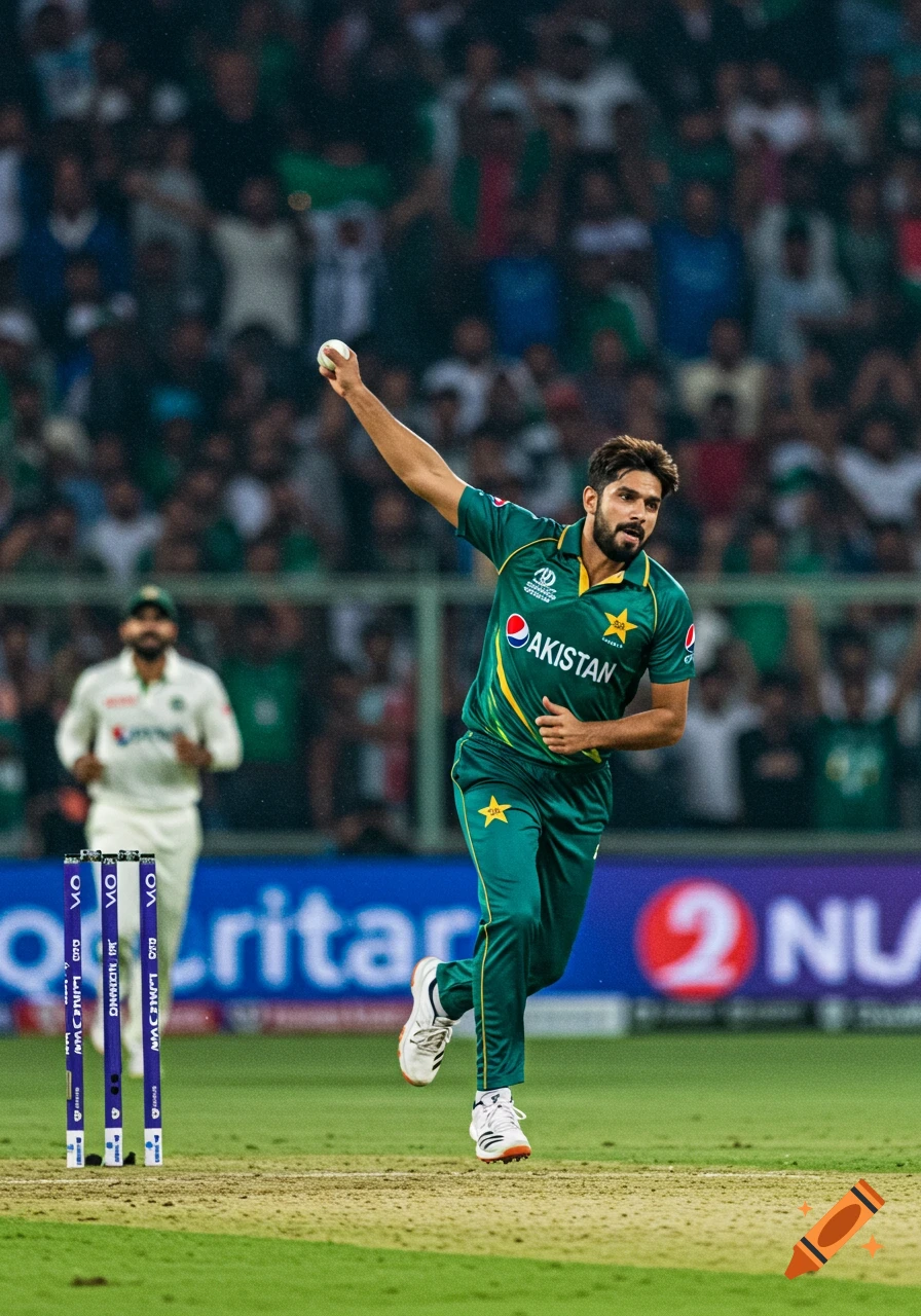 A Pakistani cricketer in a green uniform bowls a ball during a match, with blurred spectators and stumps in the background.