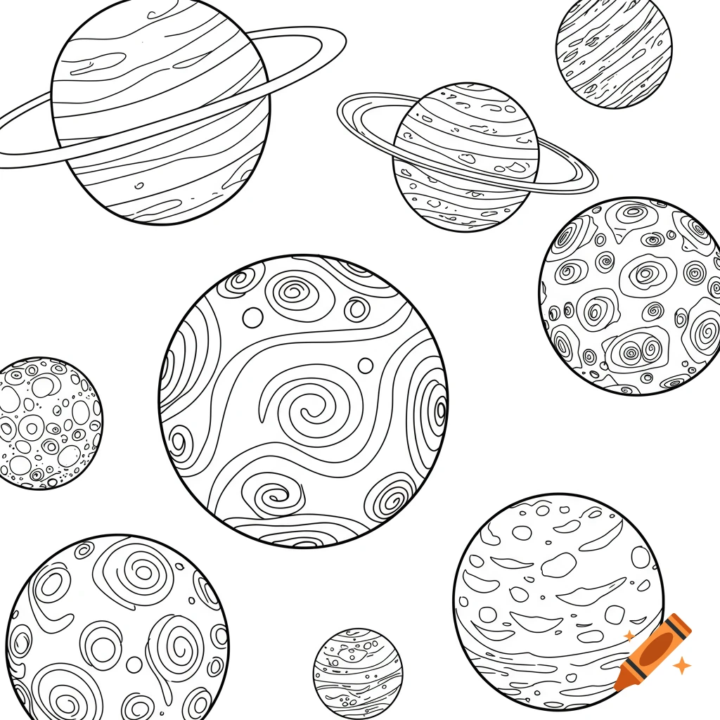 Black-and-white line art of multiple planets with rings and textured surfaces, in an adult coloring book style.