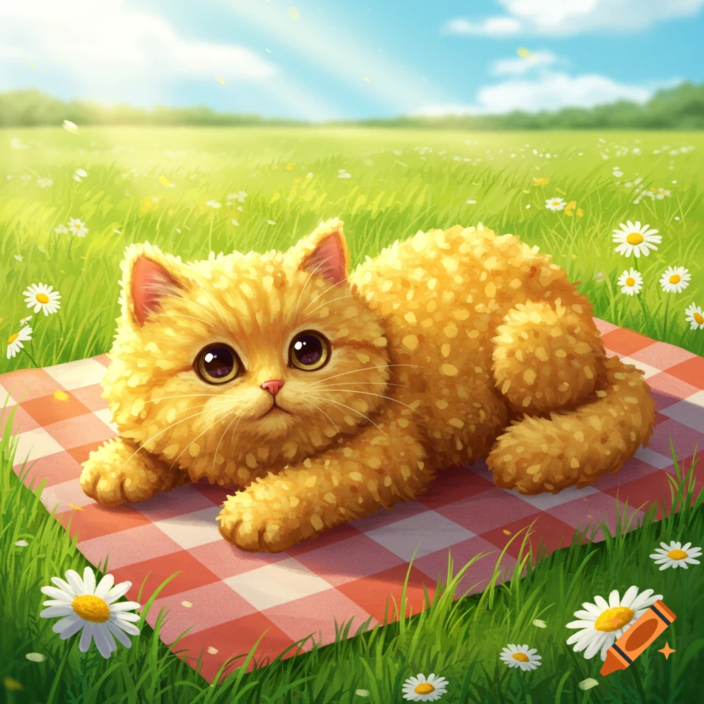 A cute, golden tater tot cat with big eyes lies on a red and white picnic blanket in a sunny green field with daisies.