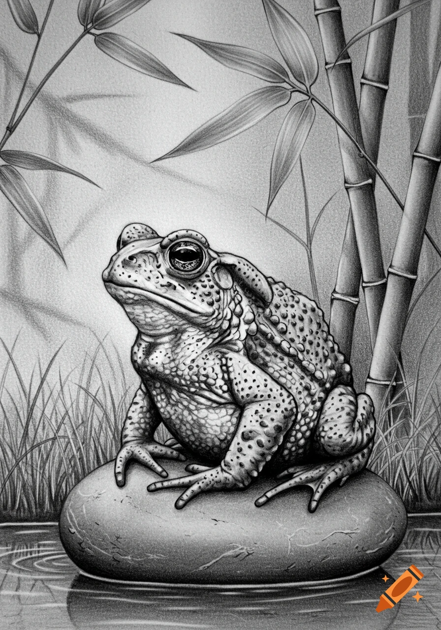 Black and white pencil drawing of a detailed toad on a rock in water, with bamboo and grass in the background.