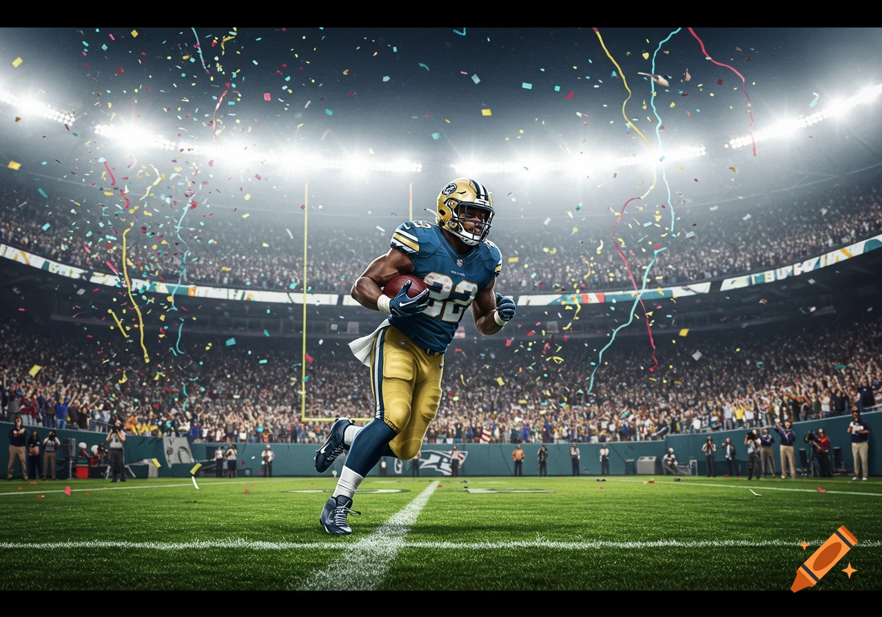 A photorealistic American football player runs with the ball through falling confetti in a brightly lit stadium.