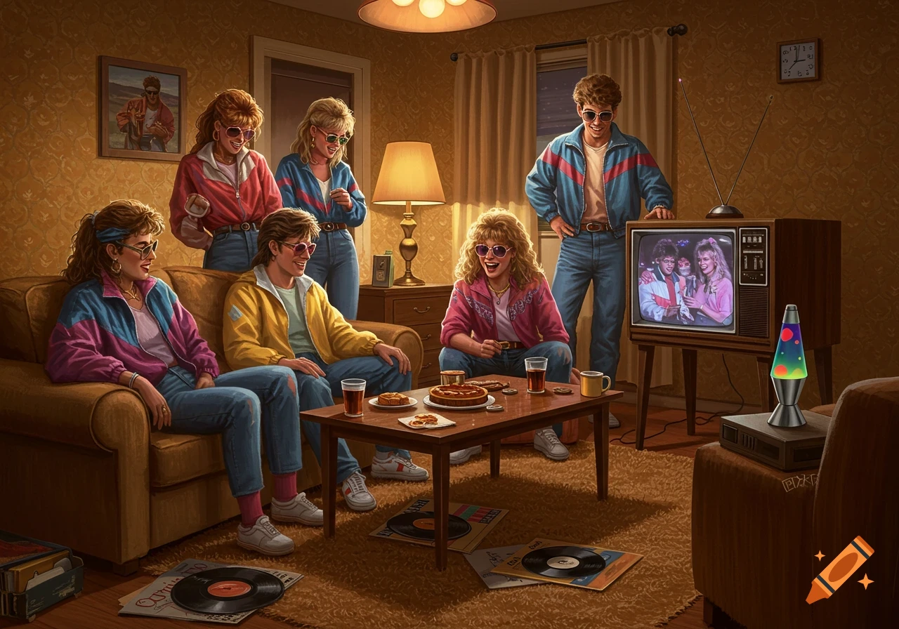 A group of young people in 80s fashion watch TV in a retro living room.