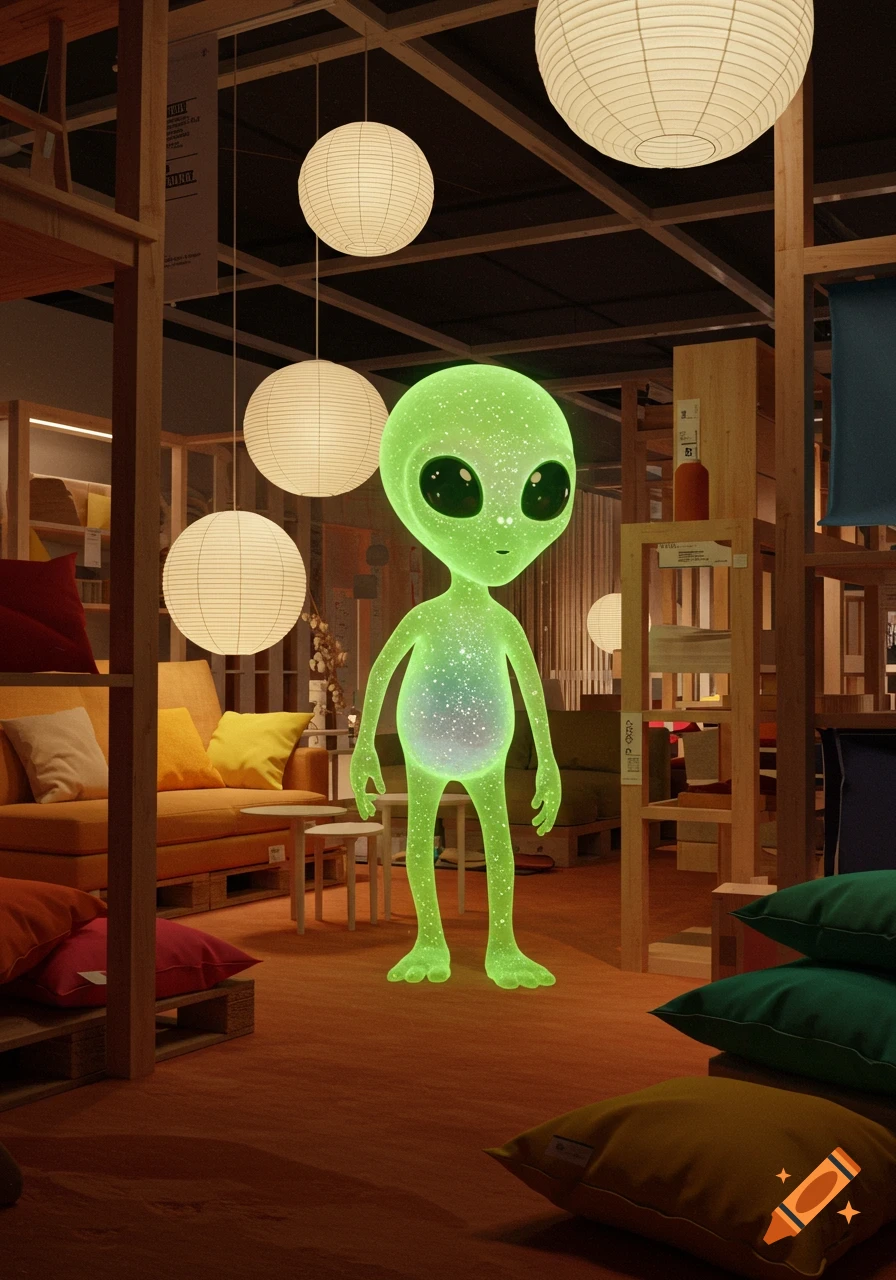 A glowing green alien with big eyes stands in an IKEA furniture showroom with paper lanterns and colorful pillows.