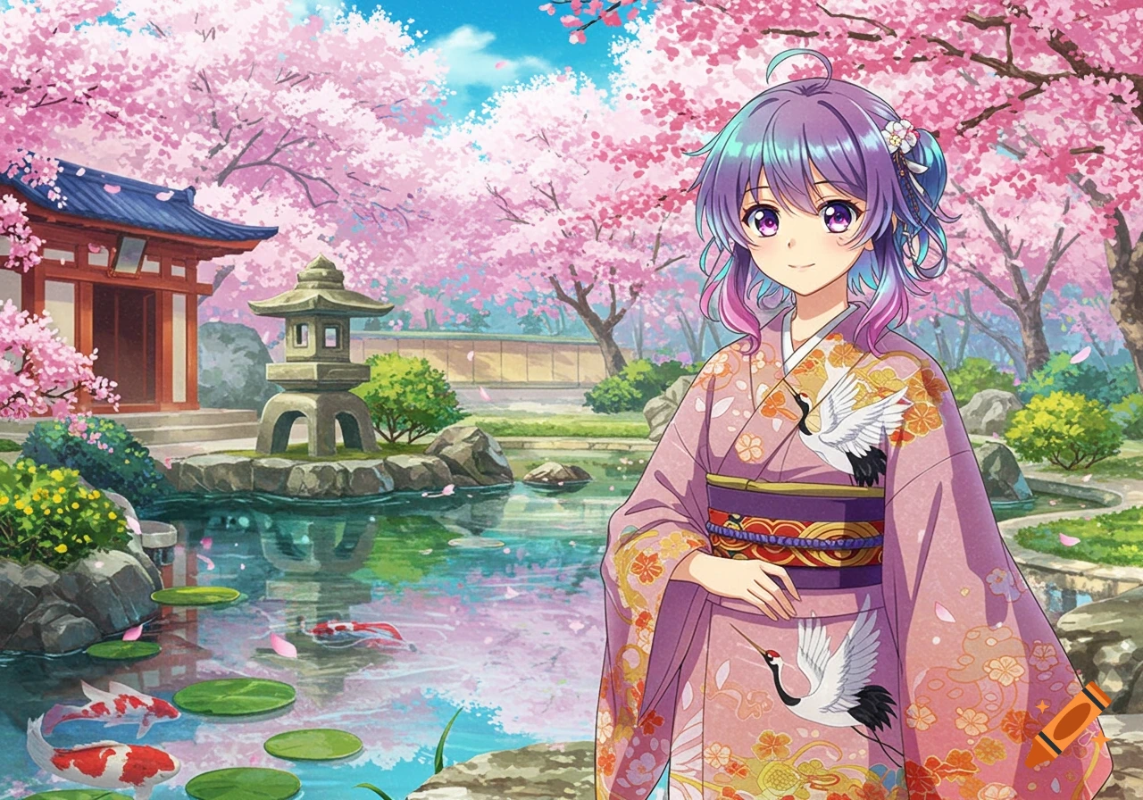 An anime girl in a pink kimono stands in a Japanese garden with cherry blossoms, a pond with koi fish, and a traditional temple.