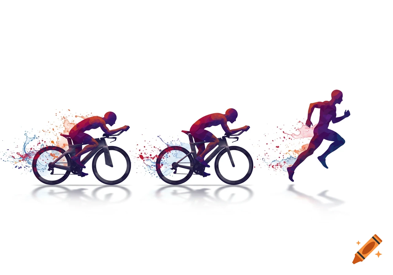 Stylized illustration of three colorful silhouettes of athletes, two cycling and one running, with watercolor splashes on a white background.