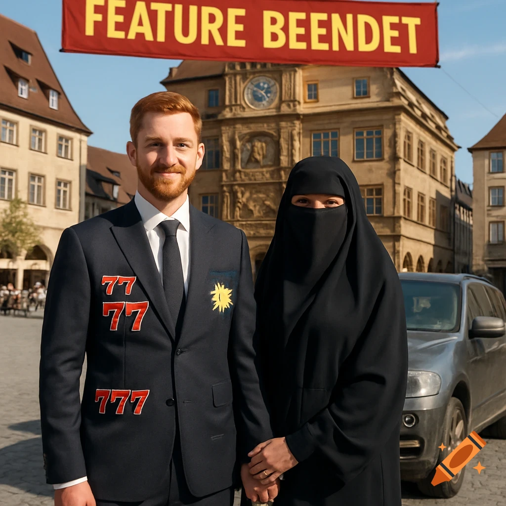 A photorealistic image of a man in a suit with '777' symbols and a woman in a niqab, holding hands in a town square under a 'FEATURE BEENDET' banner.
