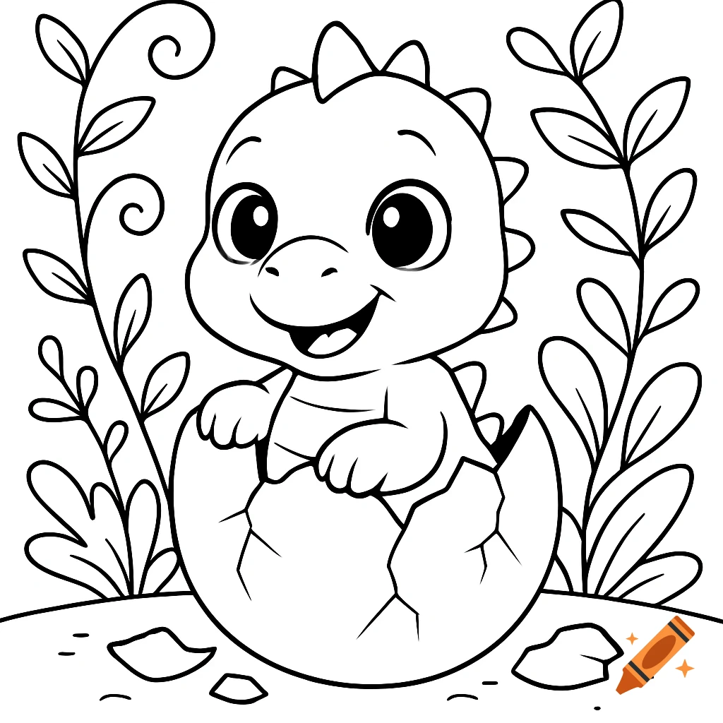 A cute baby cartoon dinosaur hatches from a cracked egg, surrounded by leafy plants, in a black and white line art style.