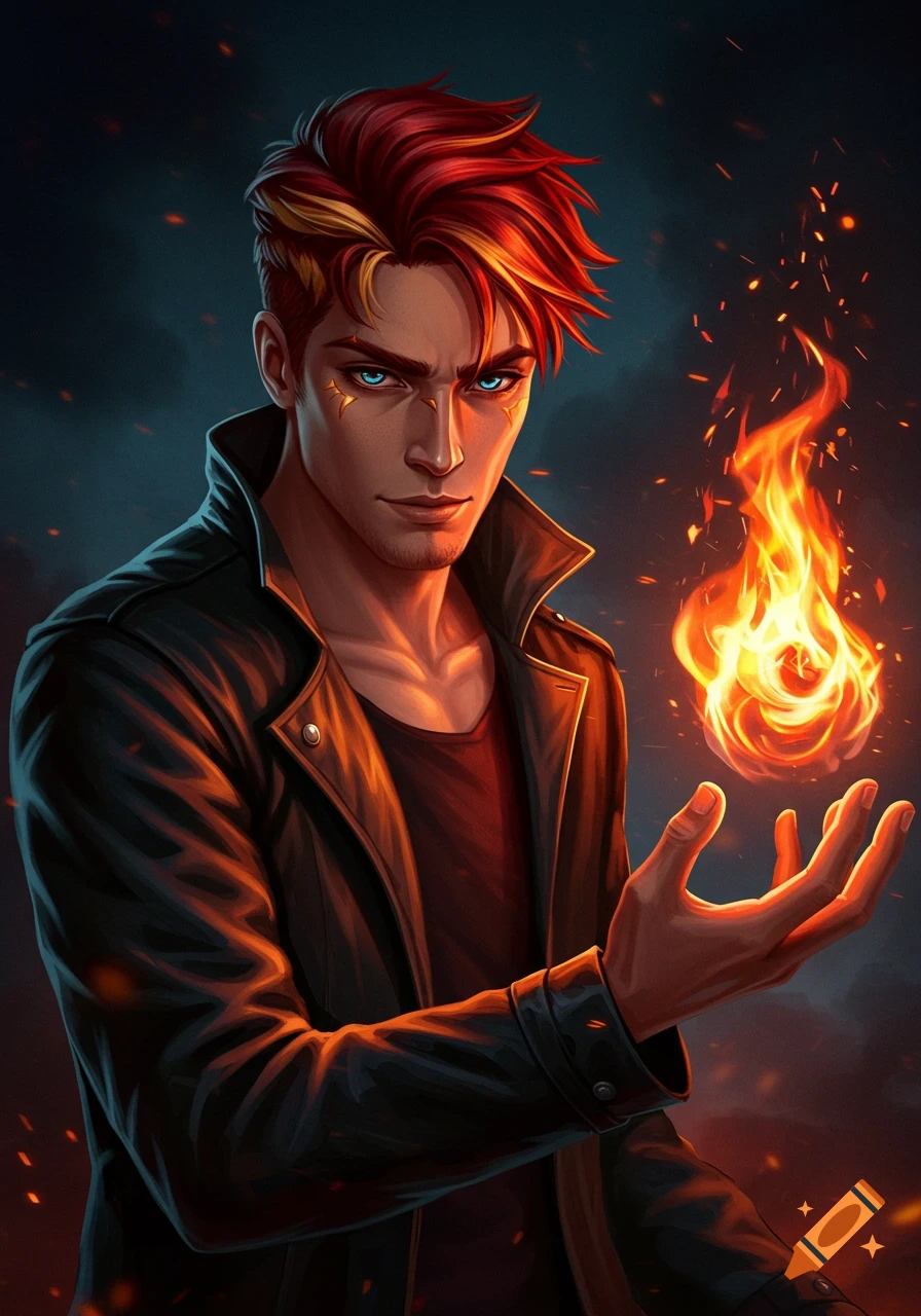 A man with fiery red and gold hair, blue eyes, and a black jacket holds a glowing sphere of fire in his hand.