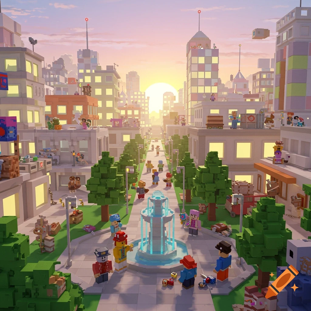 A bustling voxel art cityscape at sunset, with blocky characters, buildings, trees, and a fountain in a Roblox-like style.