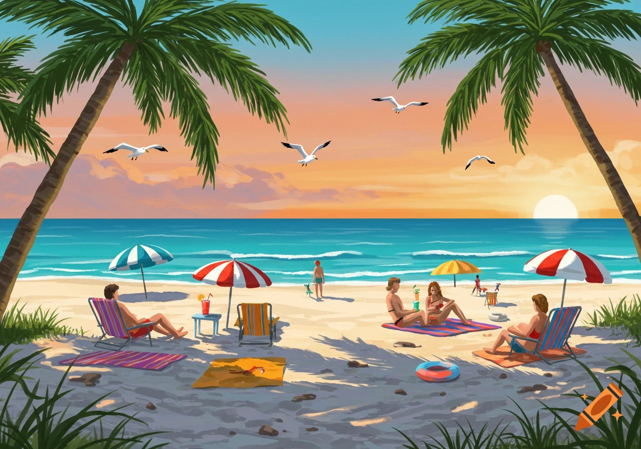 A vibrant illustration of a beach scene with people relaxing under palm trees and colorful umbrellas at sunset.