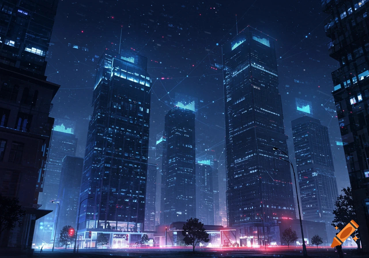 A dark, futuristic cityscape at night, with towering skyscrapers glowing with blue digital data patterns and connected by glowing network lines.