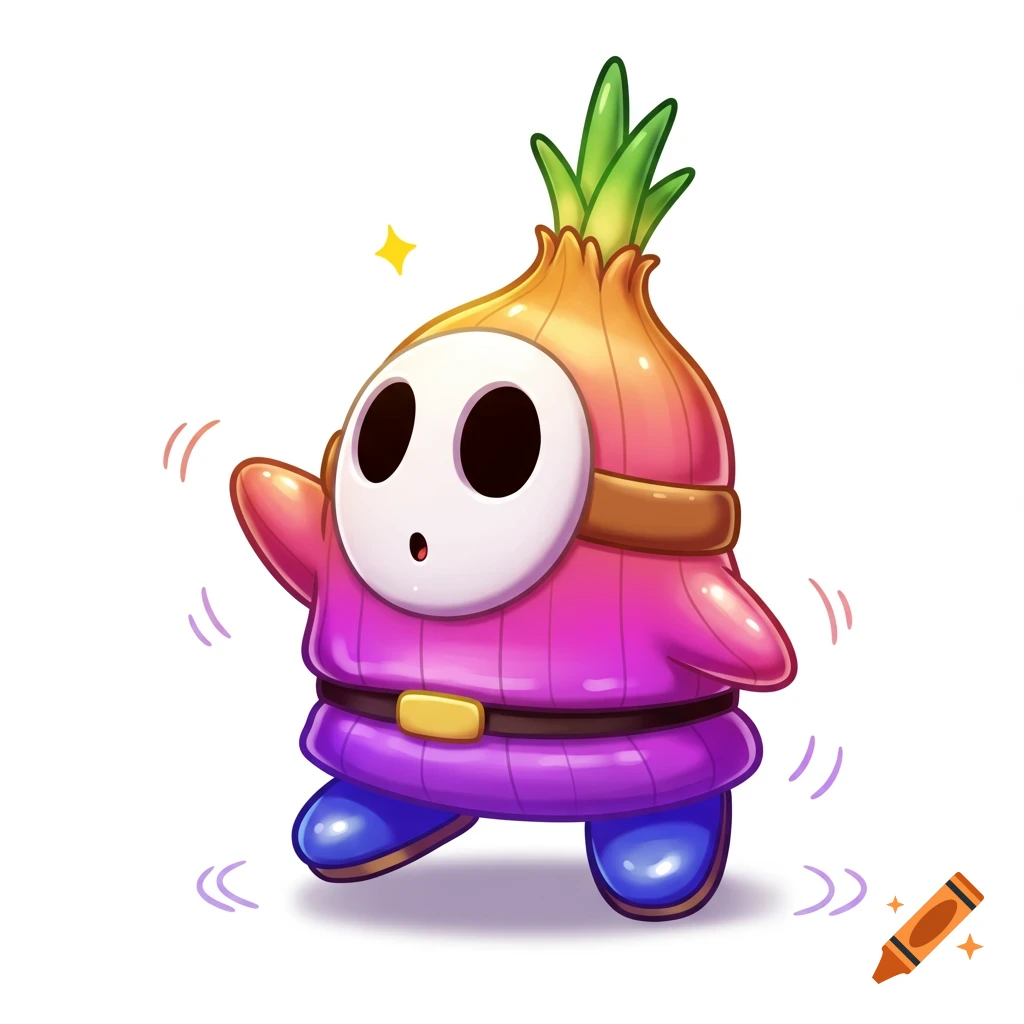 A vibrant, cartoonish Shy Guy character with an onion for a head, wearing a purple outfit and blue shoes, waves excitedly.