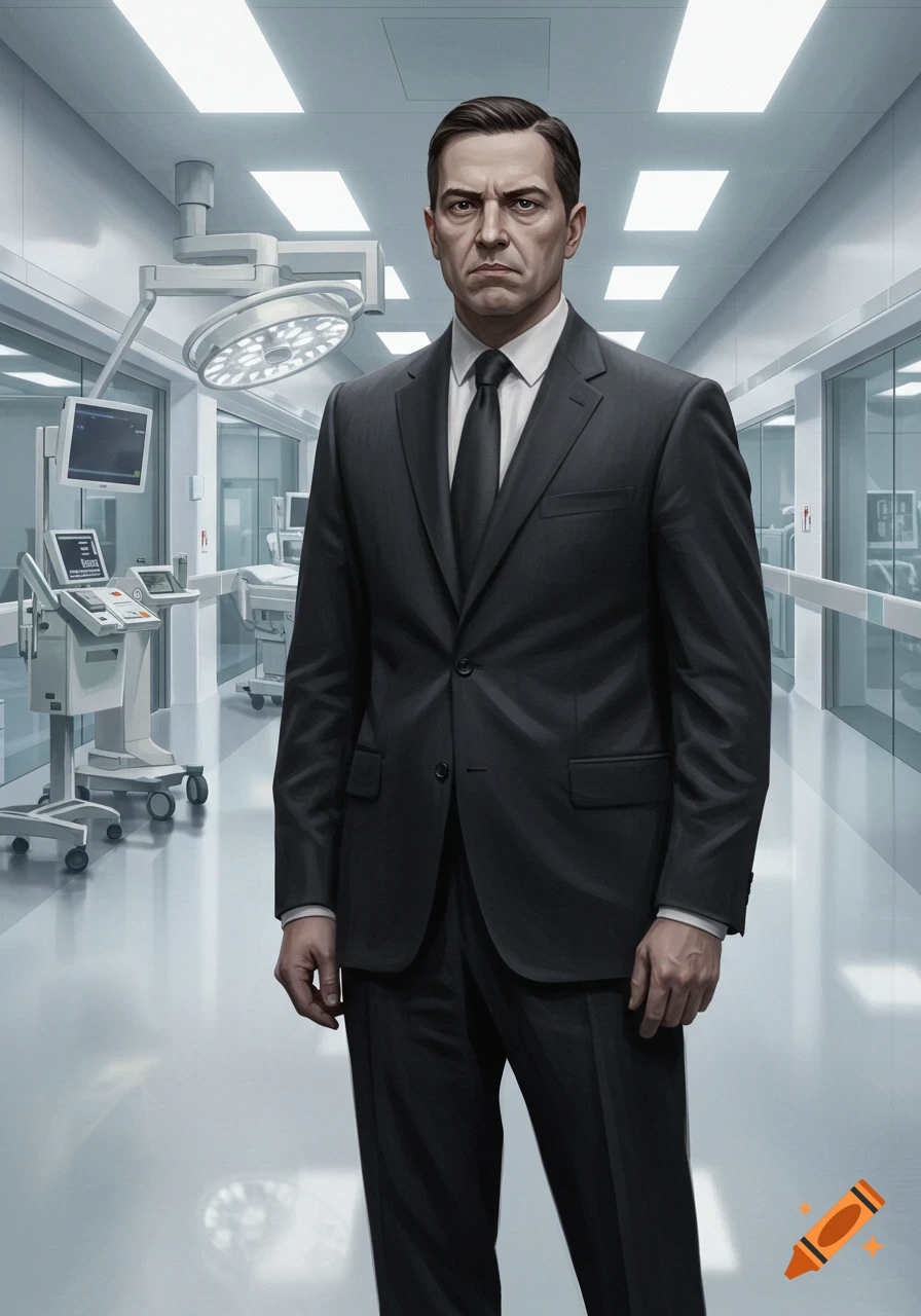 A serious man in a dark suit stands in a brightly lit, modern hospital hallway with medical equipment.