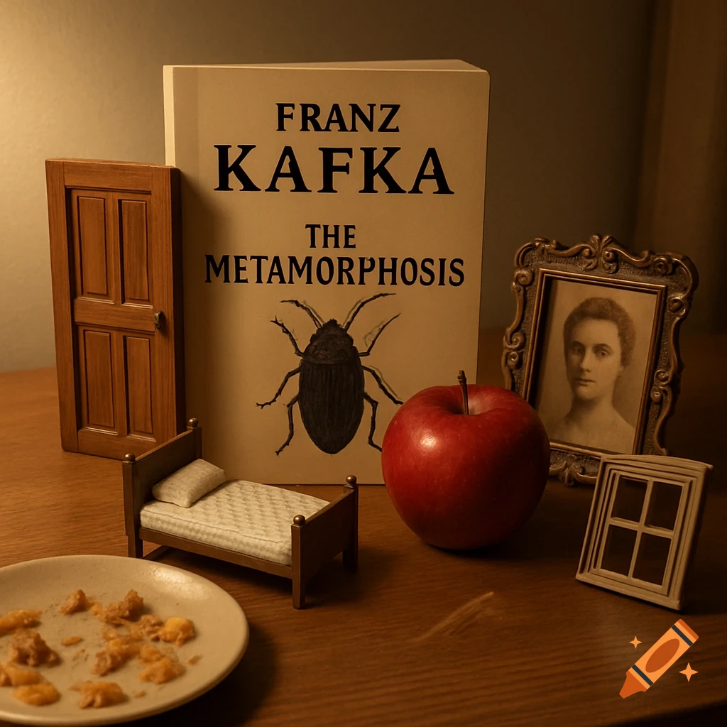 A still life photo featuring Franz Kafka's 'The Metamorphosis' book, a small door, bed, red apple, framed portrait, plate with scraps, and a window on a wooden table.