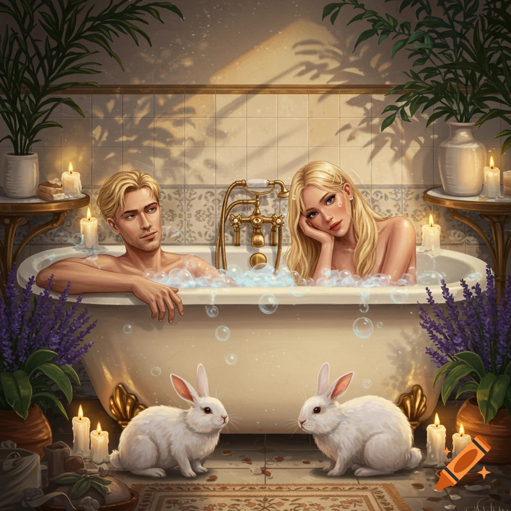 Illustrated scene of a blonde man and woman in a bubble bath, with two white rabbits on the floor, surrounded by candles and plants.