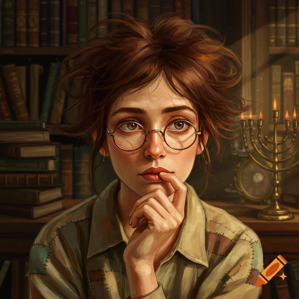 Digital painting of a nerdy woman with round glasses and unkempt brown hair, thoughtfully biting her finger in a library with a menorah.