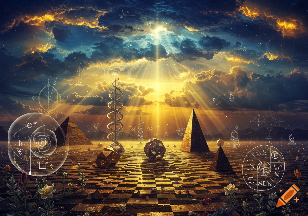 A surreal landscape featuring pyramids, geometric shapes, and swirling structures on a checkered ground under a dramatic sky with golden light rays and floating mathematical diagrams and symbols.