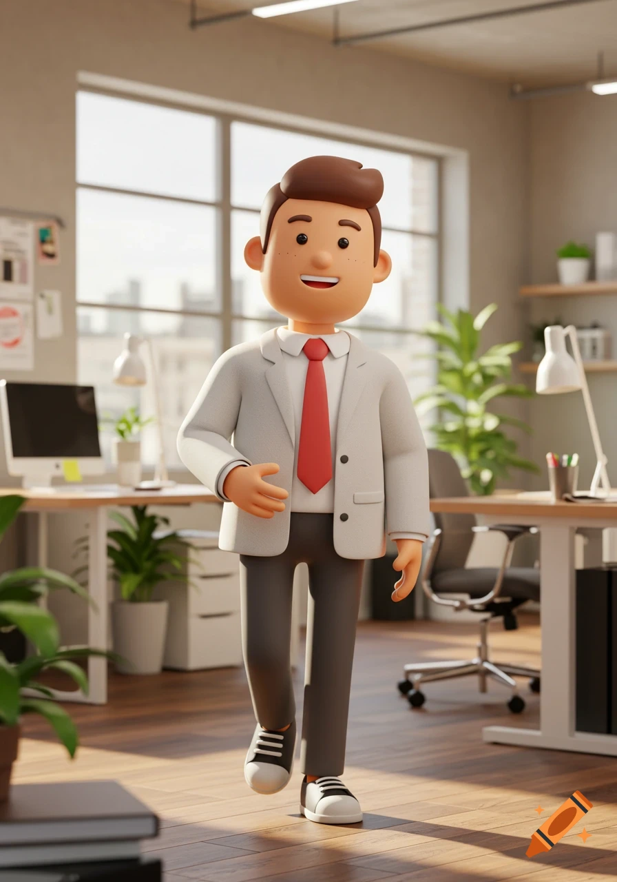 A friendly 3D cartoon man in a white blazer, red tie, and dark pants walks forward in a bright, modern office with desks and plants.