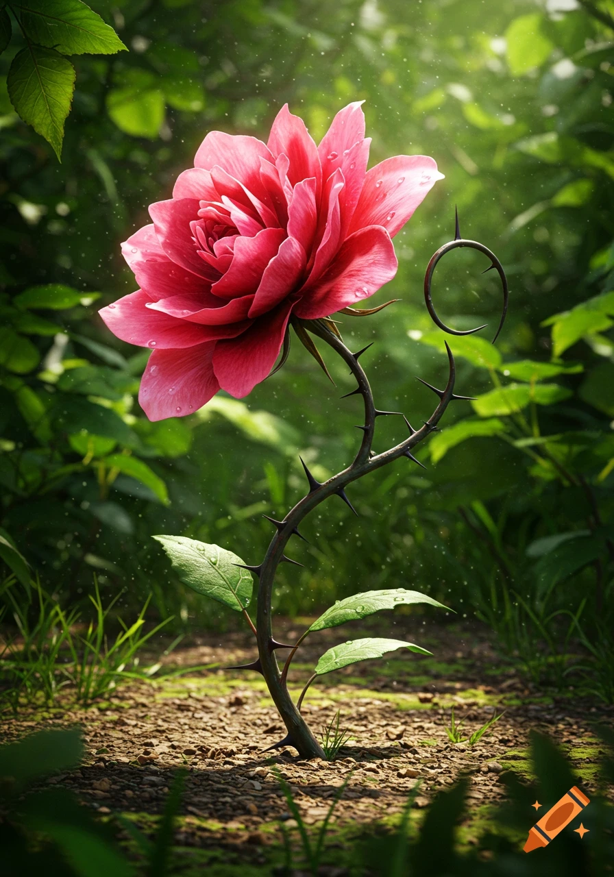 A vibrant pink flower with dew drops on a thorny stem, growing in soil amidst lush green foliage, photorealistic style.