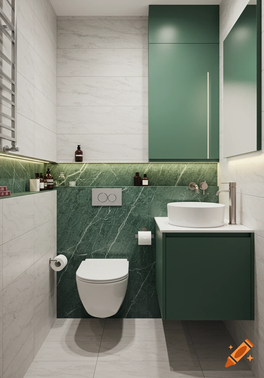 A small modern bathroom with green marble walls, white porcelain tiles, a wall-hung toilet, and a vanity cabinet with a bowl sink.