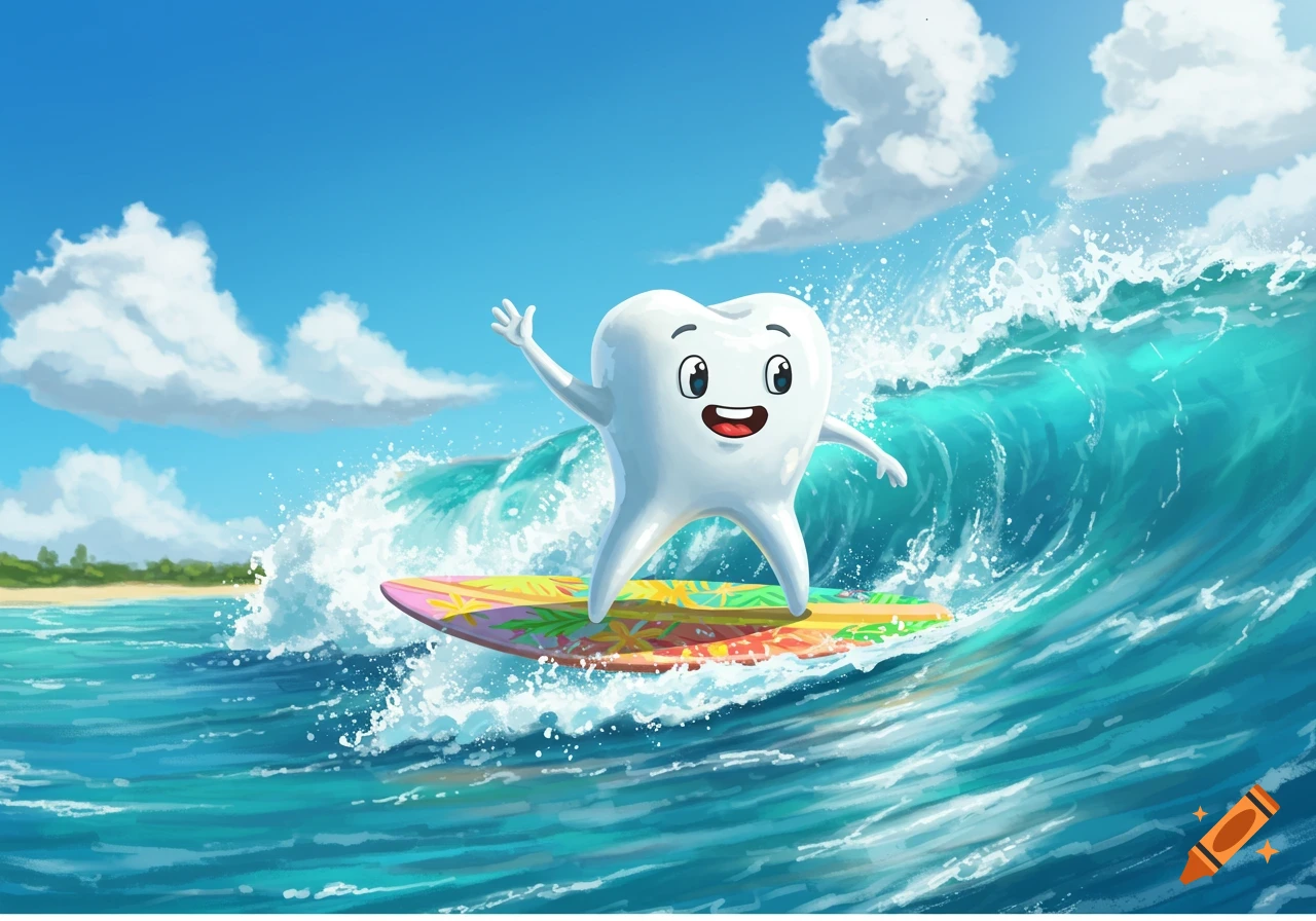 A happy cartoon tooth character surfs a blue wave with a colorful surfboard near a sandy beach.