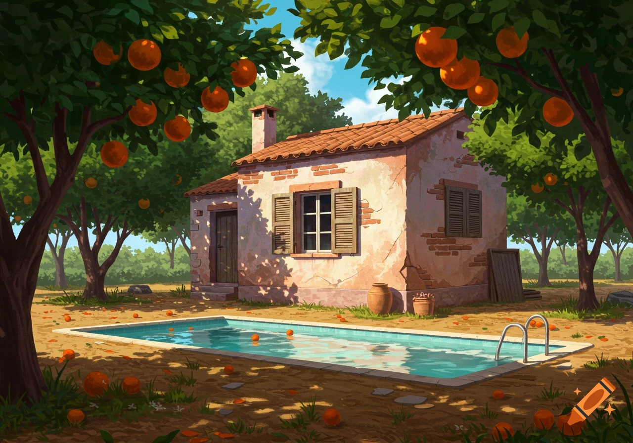 An old, rustic house with a terracotta roof, surrounded by orange trees and a small pool, in a vibrant illustration style.