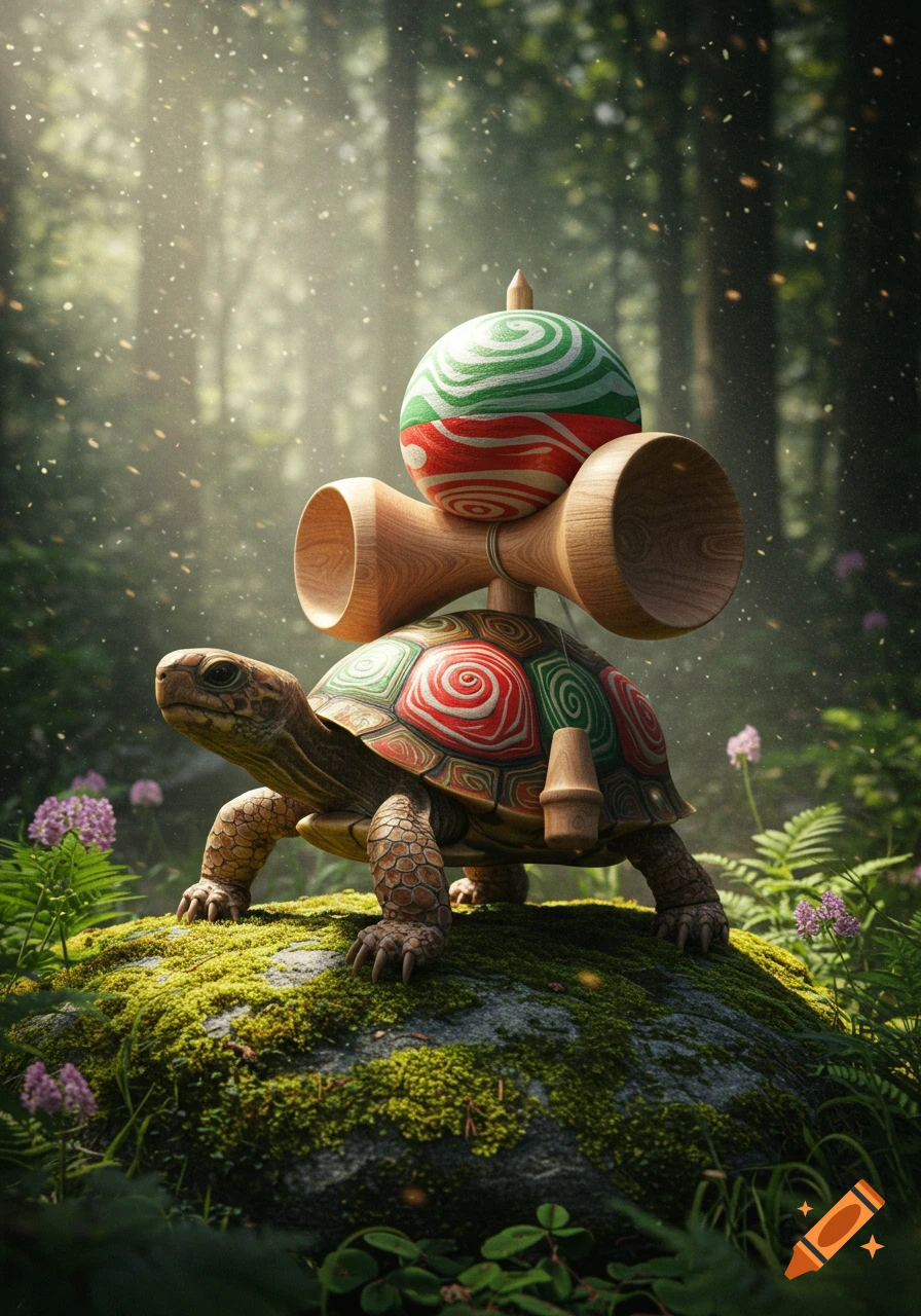 A photorealistic turtle with a red and green kendama on its back stands on a mossy rock in a sun-dappled forest.