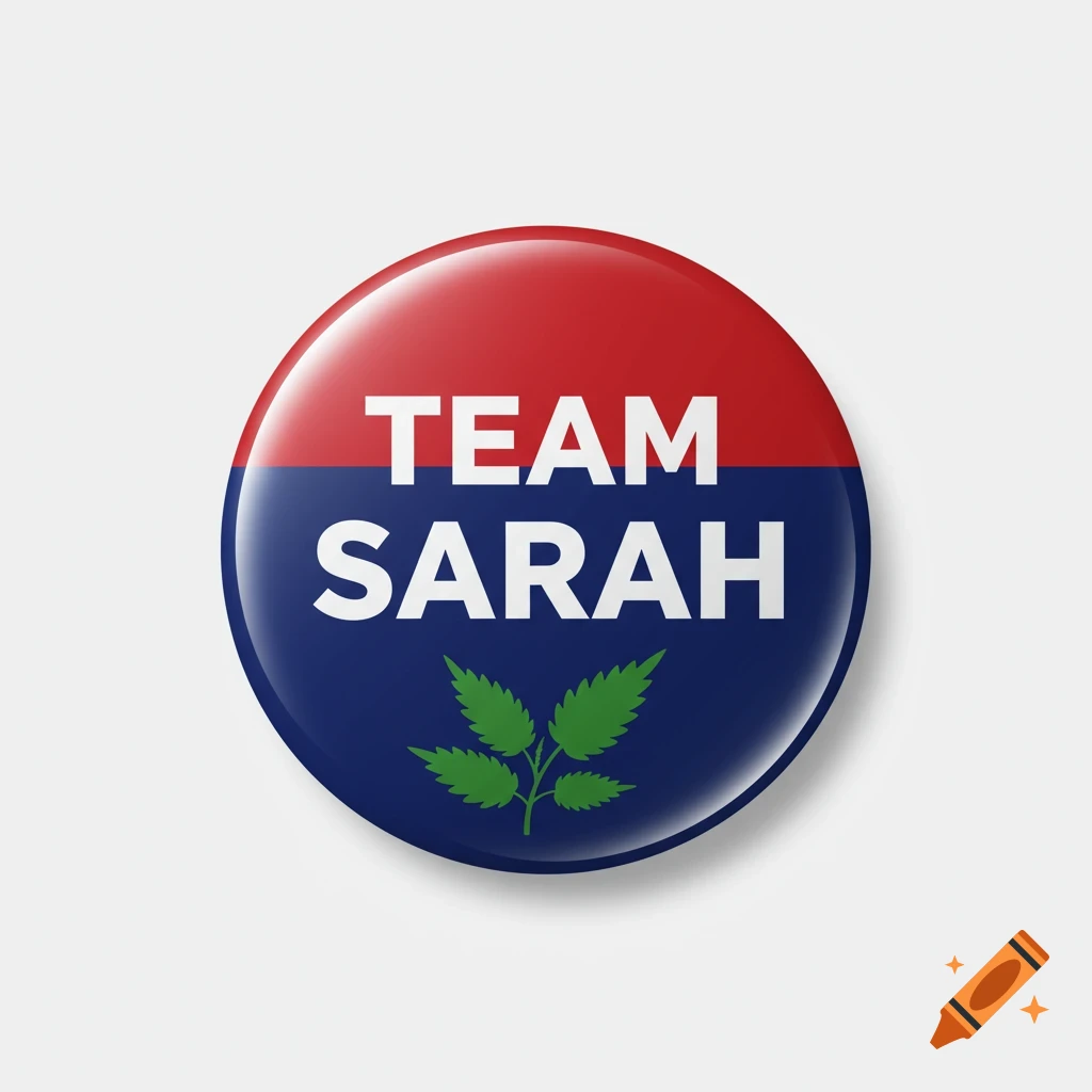 A shiny, red and blue lapel badge with the words 'TEAM SARAH' and a green nettle leaf logo.