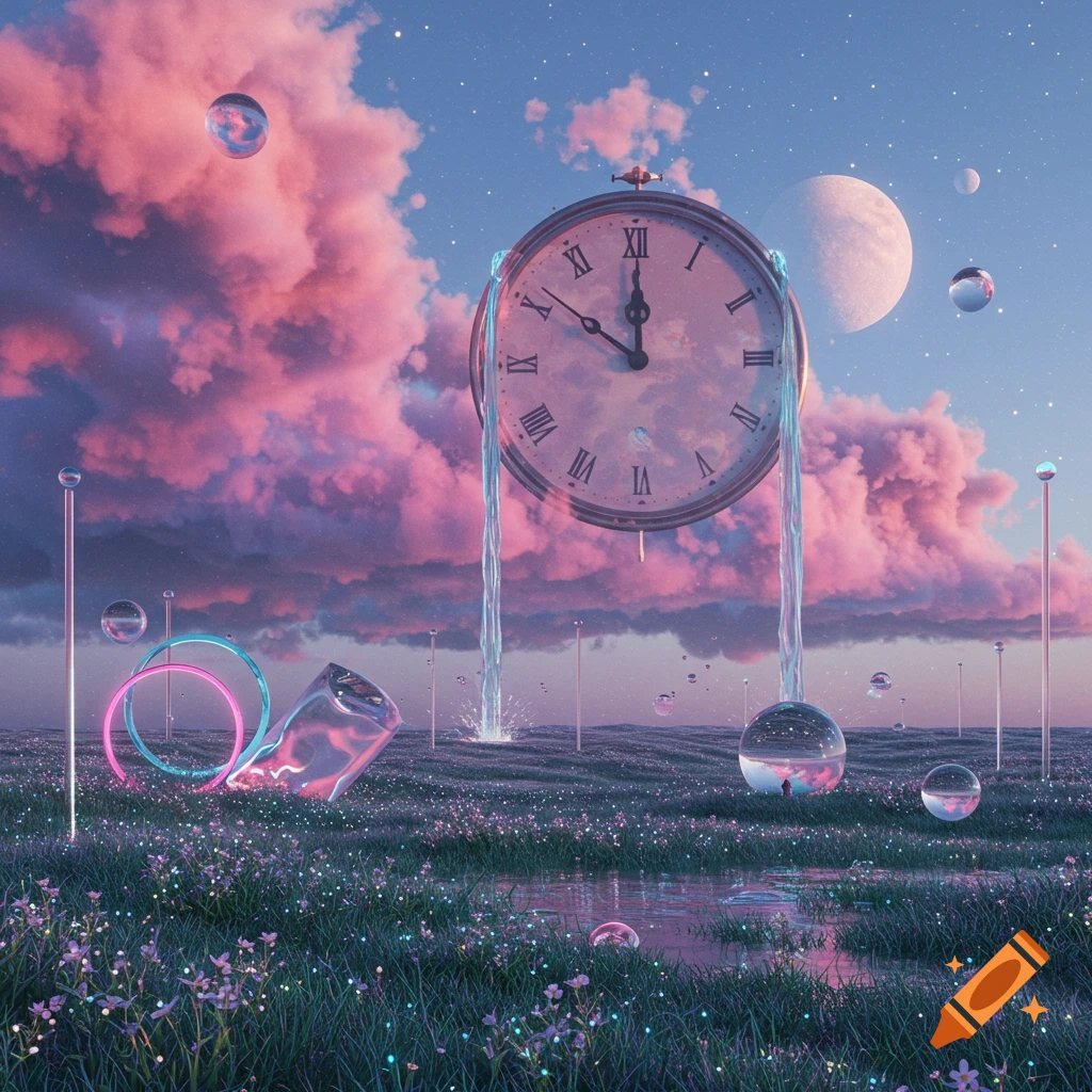 A surreal landscape with a giant clock pouring water, pink clouds, moons, glowing rings, and reflective spheres in a field of flowers and water.