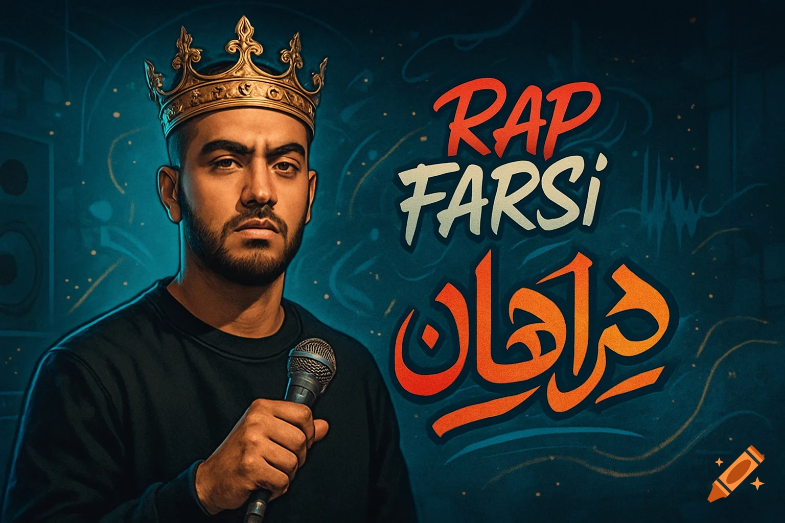 Stylized portrait of a man wearing a golden crown, holding a microphone, with 'RAP FARSI' and Persian text on a dark blue background.