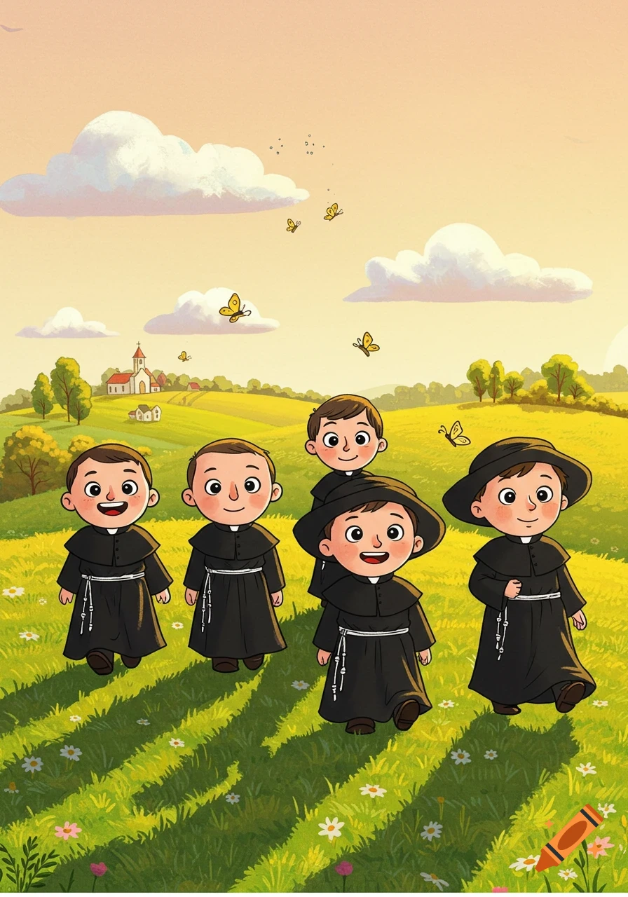 Five cartoon boys dressed as Jesuits walk through a green field with butterflies, a church, and clouds under a warm sky.